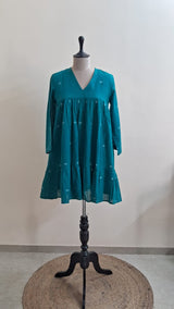 DARK GREEN TWO TIER JAMDANI DRESS